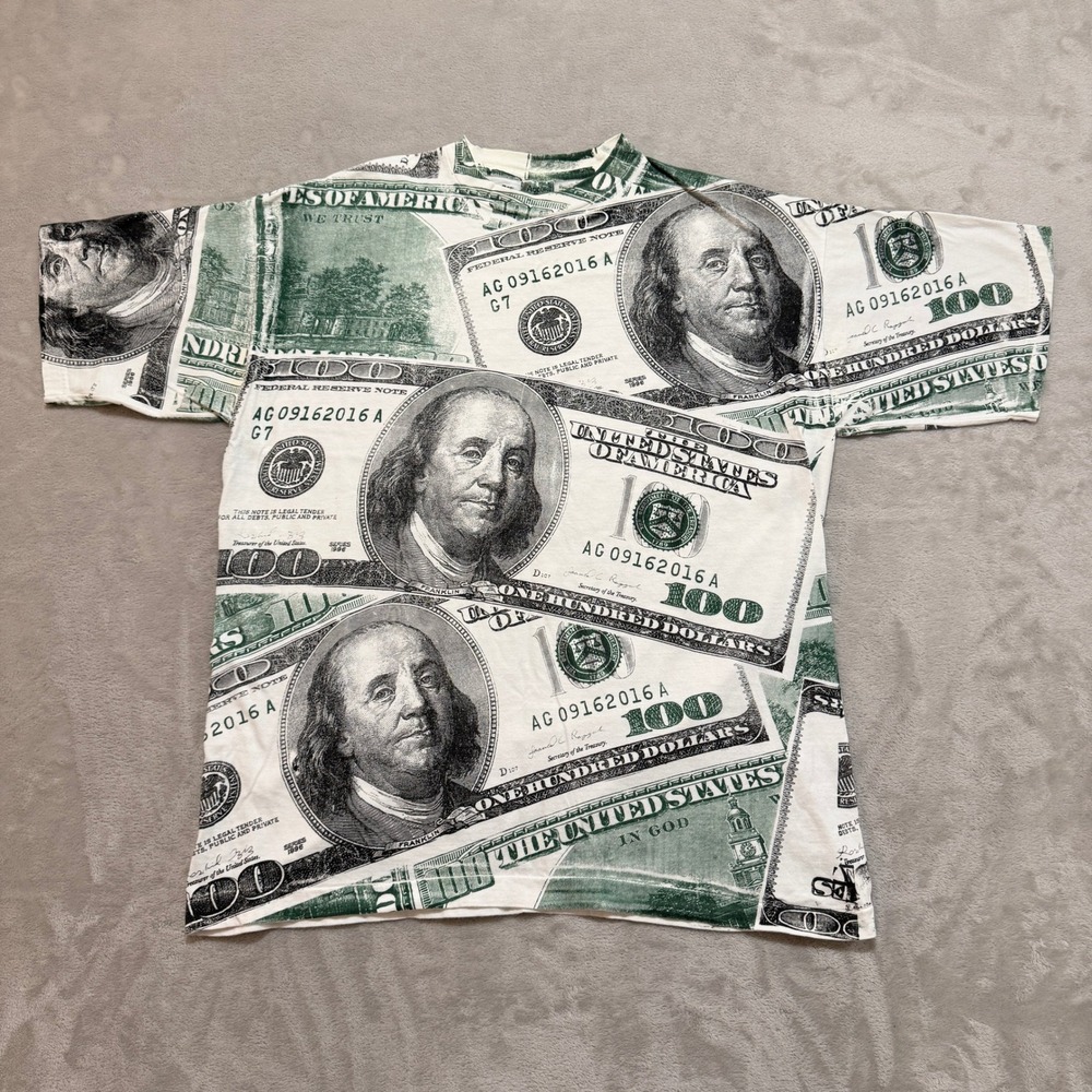 VTG Accord Benjamin Franklin T-Shirt Men XL AOP $100 Dollar Bill Hip Hop 90s Y2K
